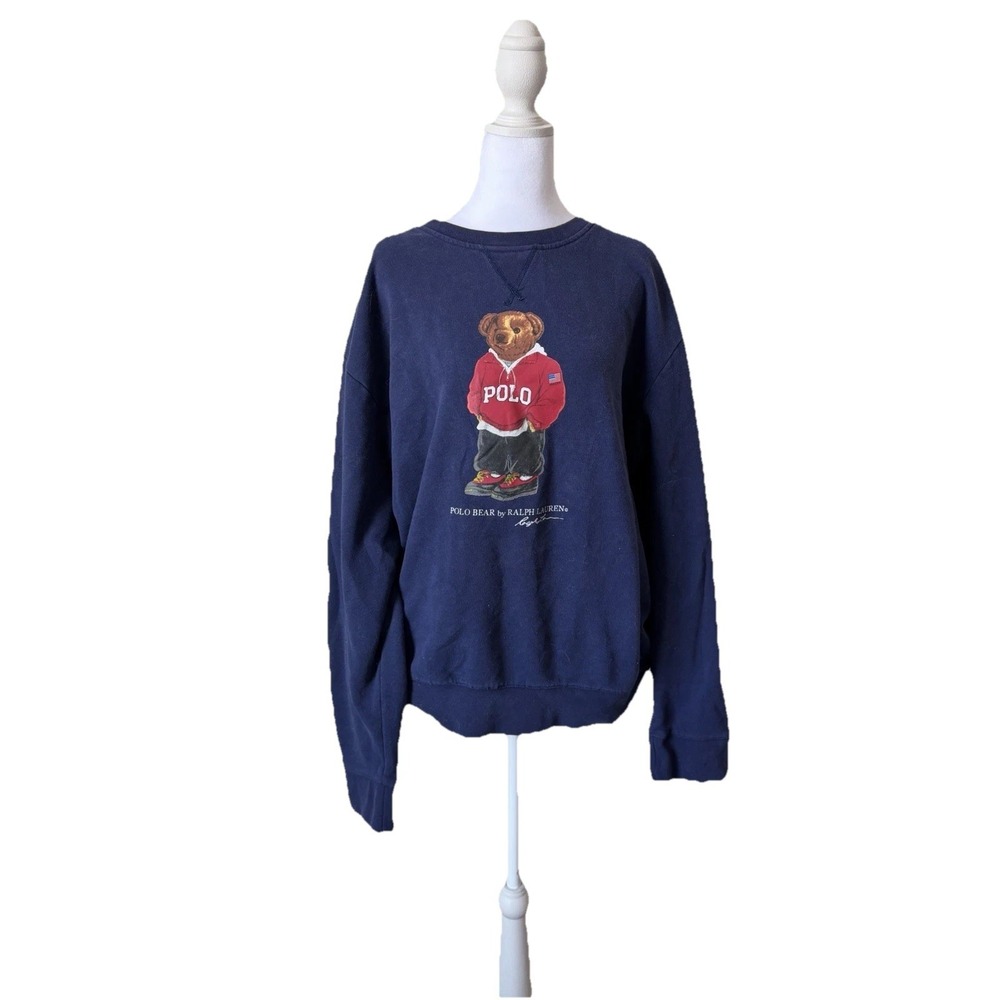 Vintage Ralph Lauren USA Sportsman Polo Bear Navy Fleece Crewneck Sweatshirt XXL